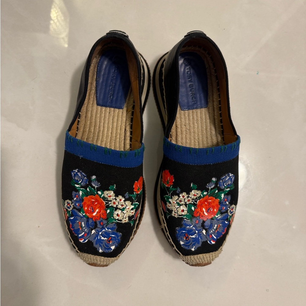 Tory Burch Black and Blue Espadrilles with Floral Embroidery
